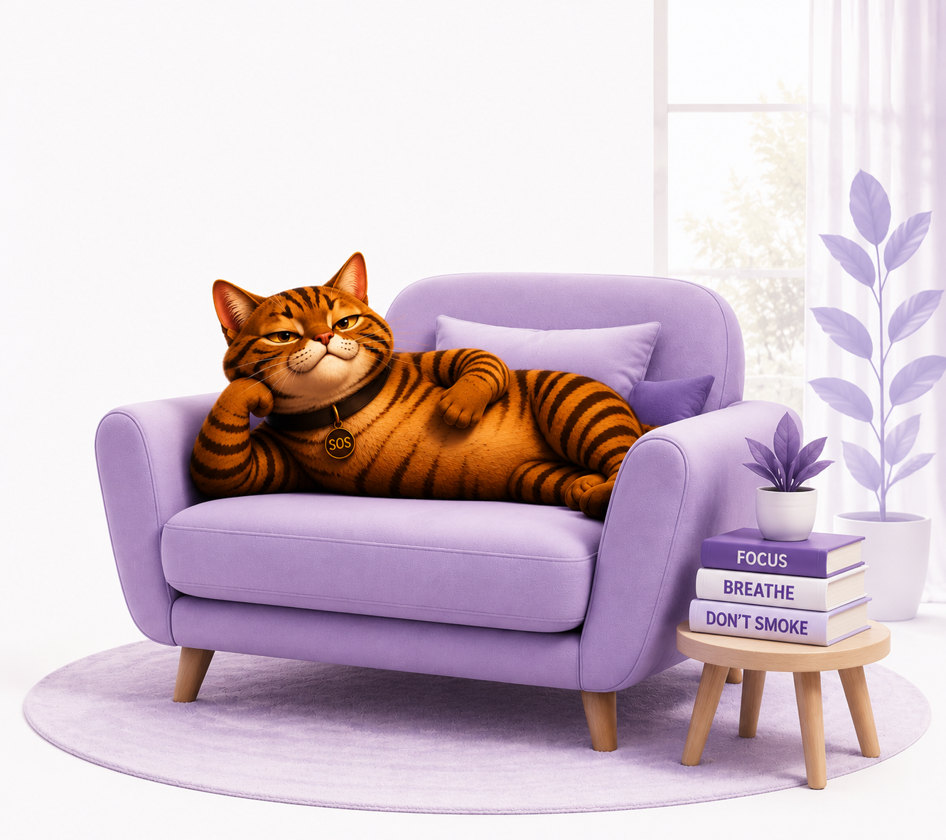 SOS Cat tabby mascot sitting on a lavender sofa